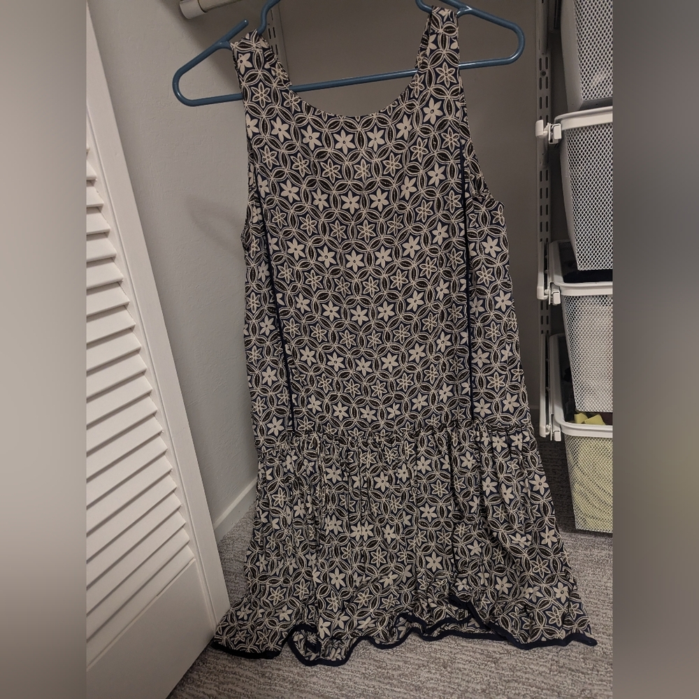 Whit navy blue and black print drop waist dress